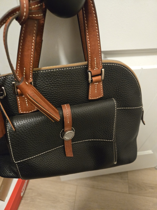 Dooney & Bourke Handbags - Dooney & Bourke Black Pebbled Leather Satchel with Brown Trim